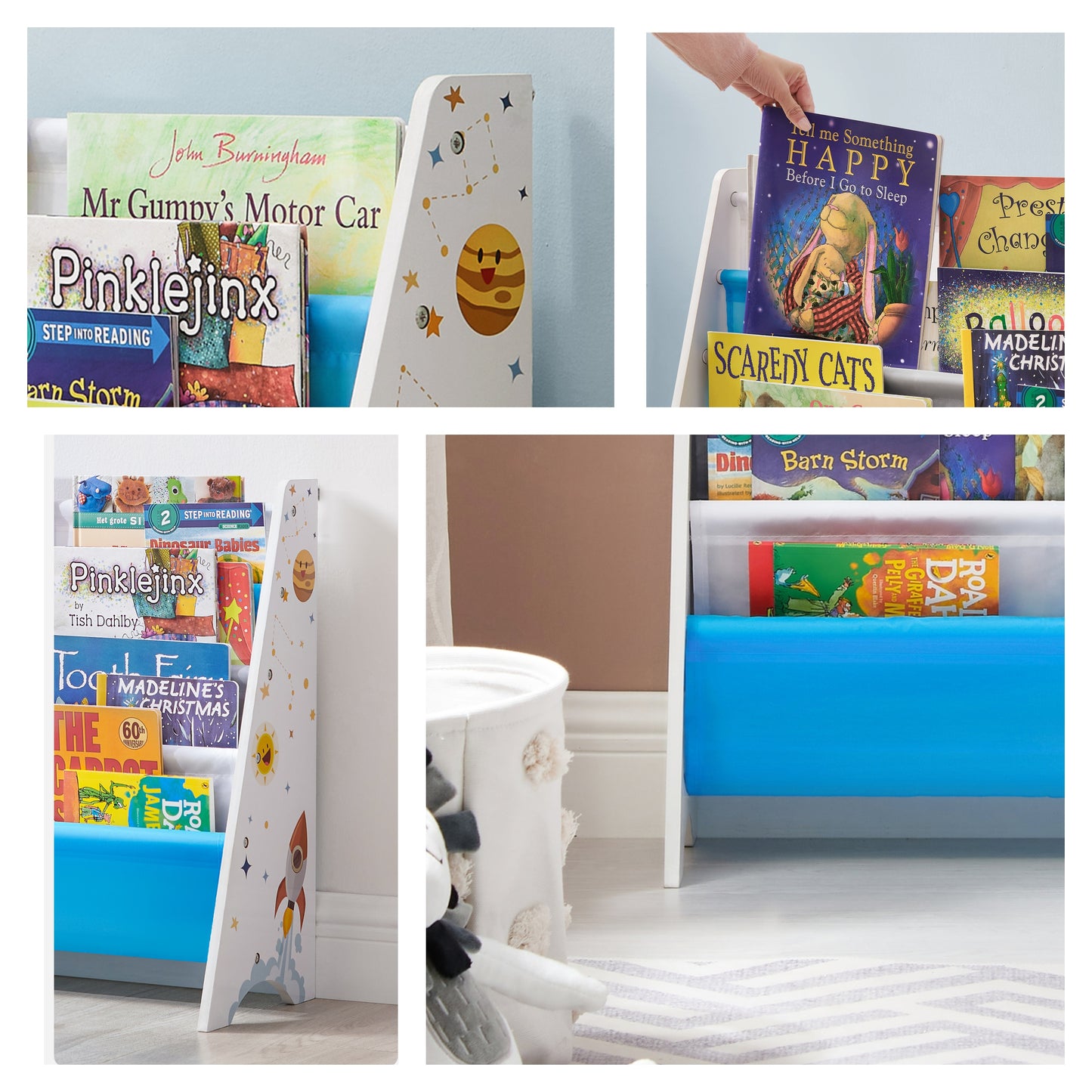 4-Tier Kids Bookcase with Anti-Tip Kit, Space-Saving Bookshelf Organizer for Children's Room, Playroom, Nursery,White, Blue and Gray