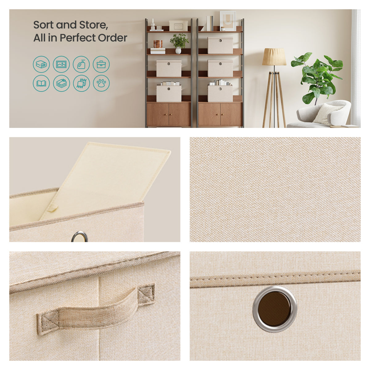 LEDREM Set of 3 Storage Boxes with Lids, Foldable and Stackable Containers, 43 x 30 x 30 cm, Sand Beige