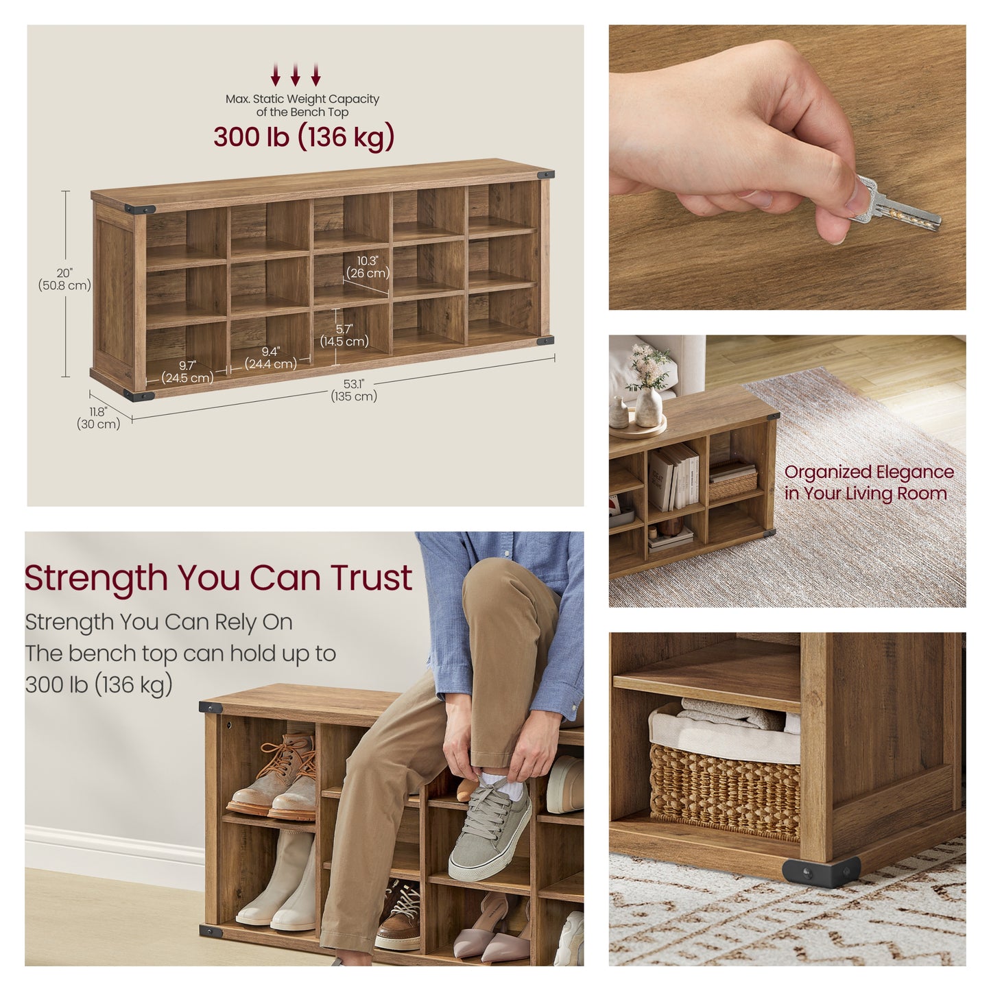 Shoe Storage Bench with 15 Adjustable Compartments, 300lb Capacity Entryway Organizer, for Living Room, Bedroom, Closet Use, Honey Brown