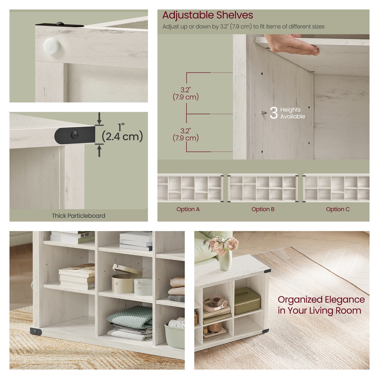Shoe Storage Bench with 15 Adjustable Compartments, 300lb Capacity Entryway Organizer, for Living Room, Bedroom, Closet Use, Rustic White