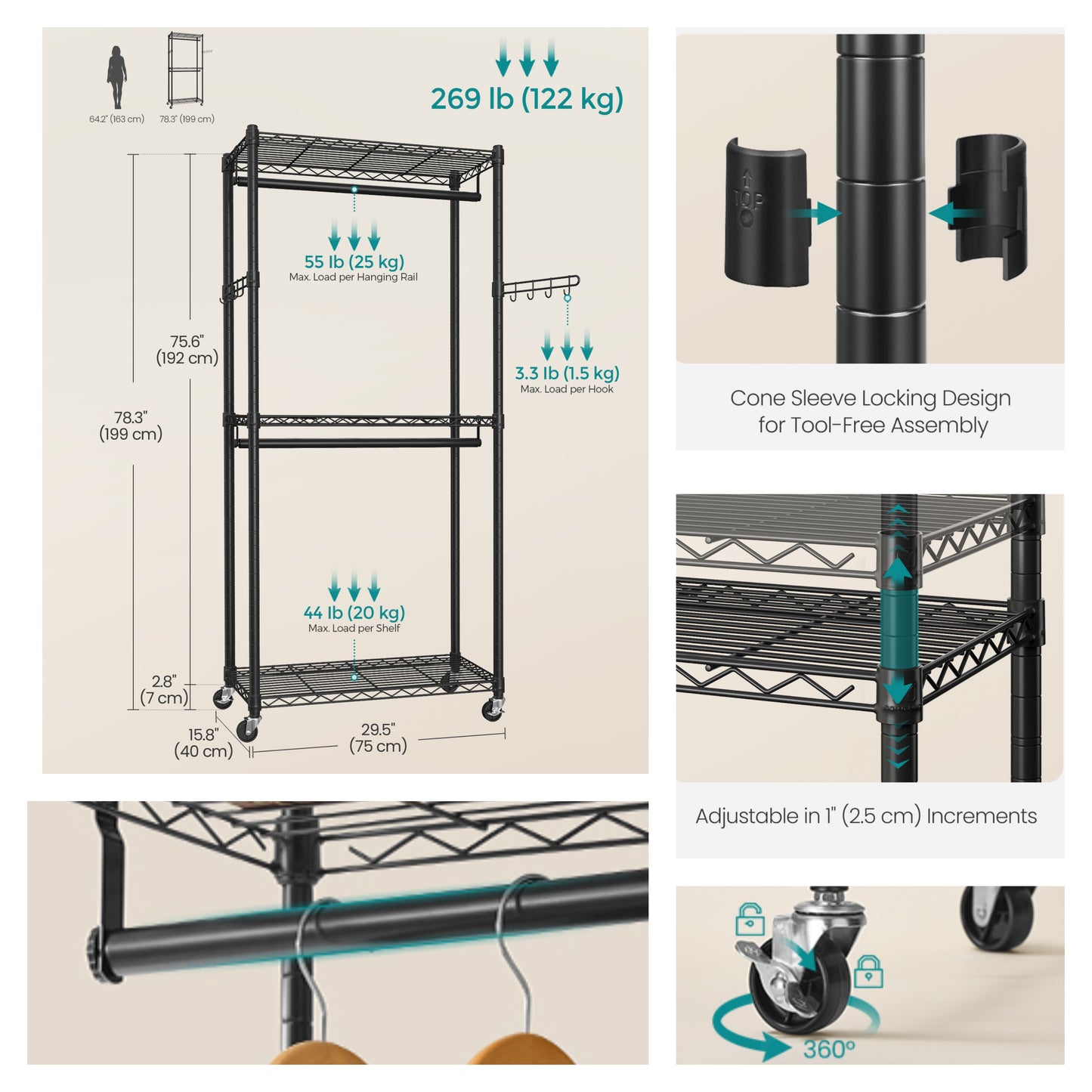 Heavy-Duty Rolling Garment Rack with Adjustable Shelves, 2 Hanging Rails & Wheels, Portable Closet Organizer, Tool-Free Assembly,Black