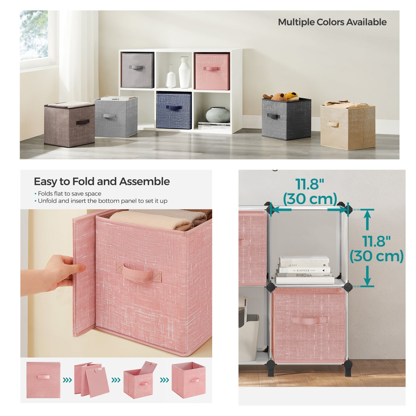 Storage Cube Organizer - 6-Pack Foldable Fabric Bins with Handles, 11" Shelving System for Kids' Toys, Clothes, Jelly Pink