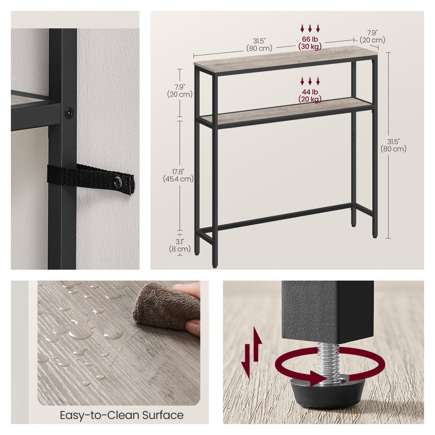 31.5" Modern Console Table, 2-Tier Narrow Sofa Table with Adjustable Feet, Entryway Shelf, Heather Greige and Black
