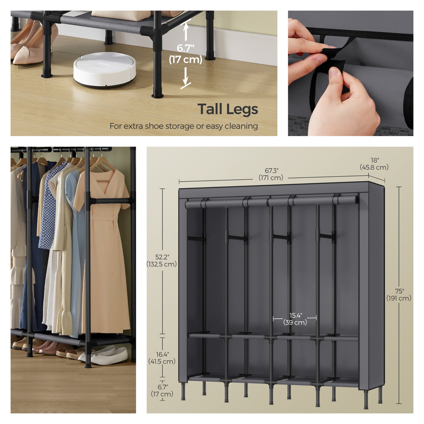 Large Wardrobe Closet Organizer with 4 Rails & 8 Shelves, Freestanding Portable Clothing Rack with Fabric Cover,Dove Gray