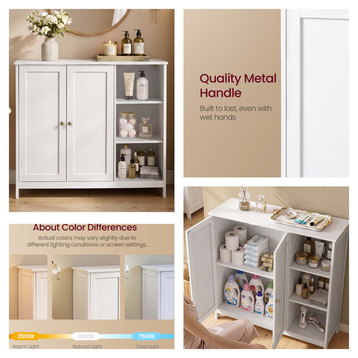 LEDREM Freestanding Bathroom Cabinet with 2 Doors and Open Shelves, 35.4 x 11.8 x 31.5 inches, White