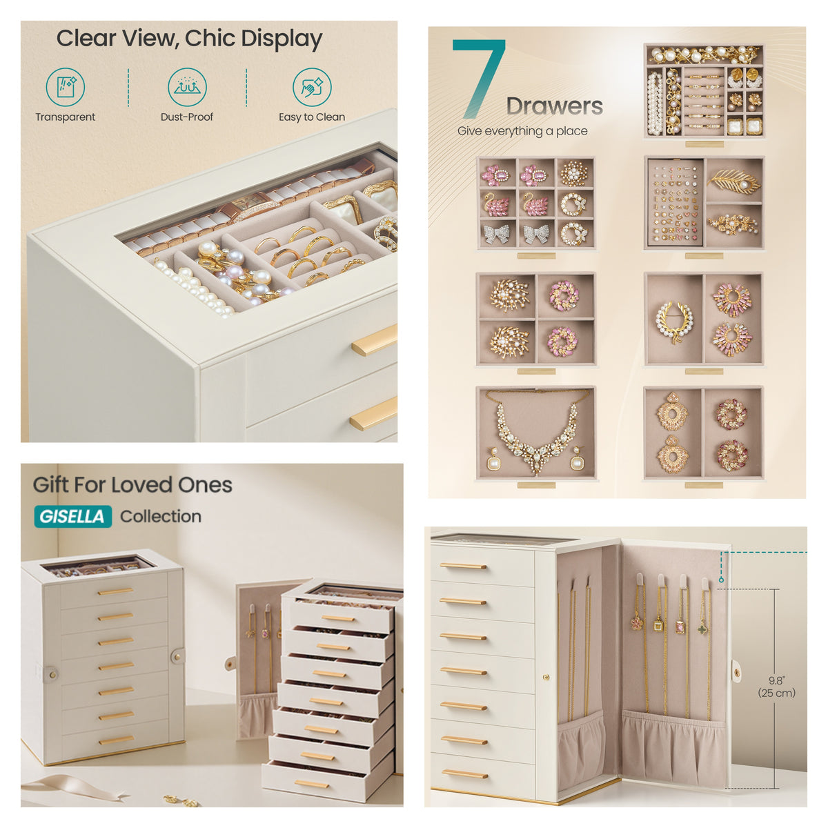 LEDREM Jewelry Box, 7-Tier Necklace Holder Organizer with Glass Top, 10.3 x 6.1 x 12 inches, White and Beige
