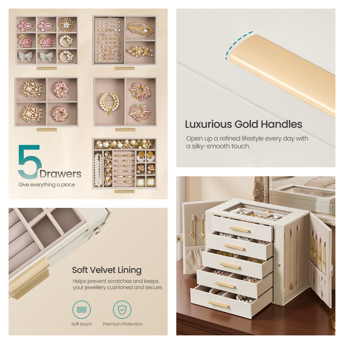 LEDREM Jewelry Box, 5-Tier Organizer with Glass Top and Necklace Storage, 10.3 x 6.1 x 8.7 Inches, Cream White and Tan
