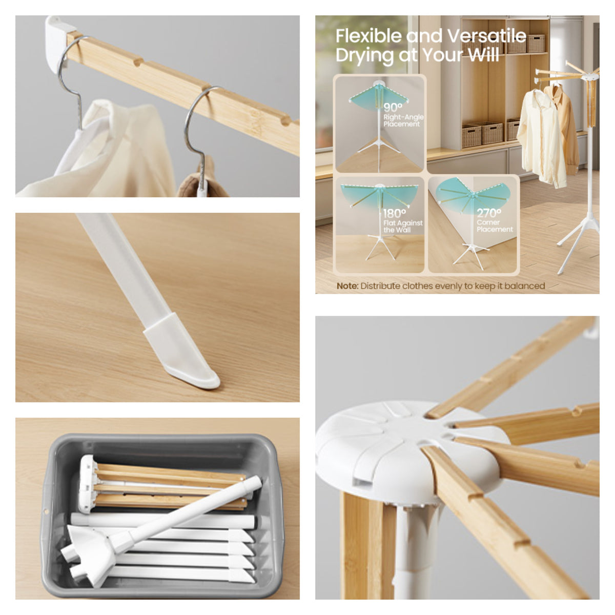 LEDREM Clothes Drying Rack, Foldable Tall Laundry Rack with Bamboo Rods, 33.3 x 33.3 x 57.5 Inches, White and Natural