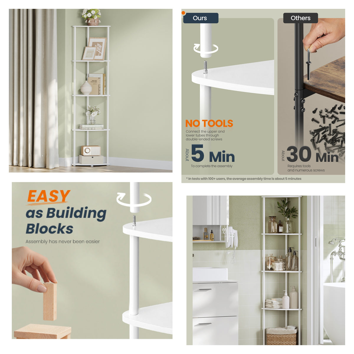 LEDREM Corner Shelf, Quick Toolless Assembly, 5-Tier Corner Display Shelf, Storage Stand, Living Room Bedroom, White