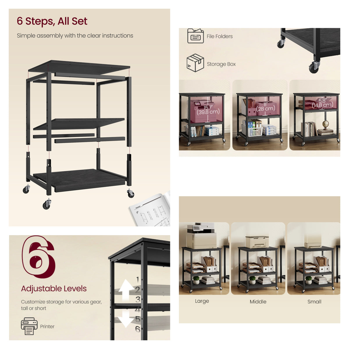 LEDREM 3-Tier Printer Rack, Home Office Under Desk Shelves, Mobile Cart with Wheels, Black