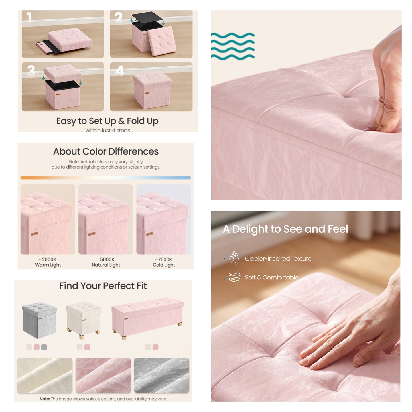 Textured PU Leather Storage Ottoman, Foldable Cushioned Footstool, 15 x 15 x 15 Inches, Pink