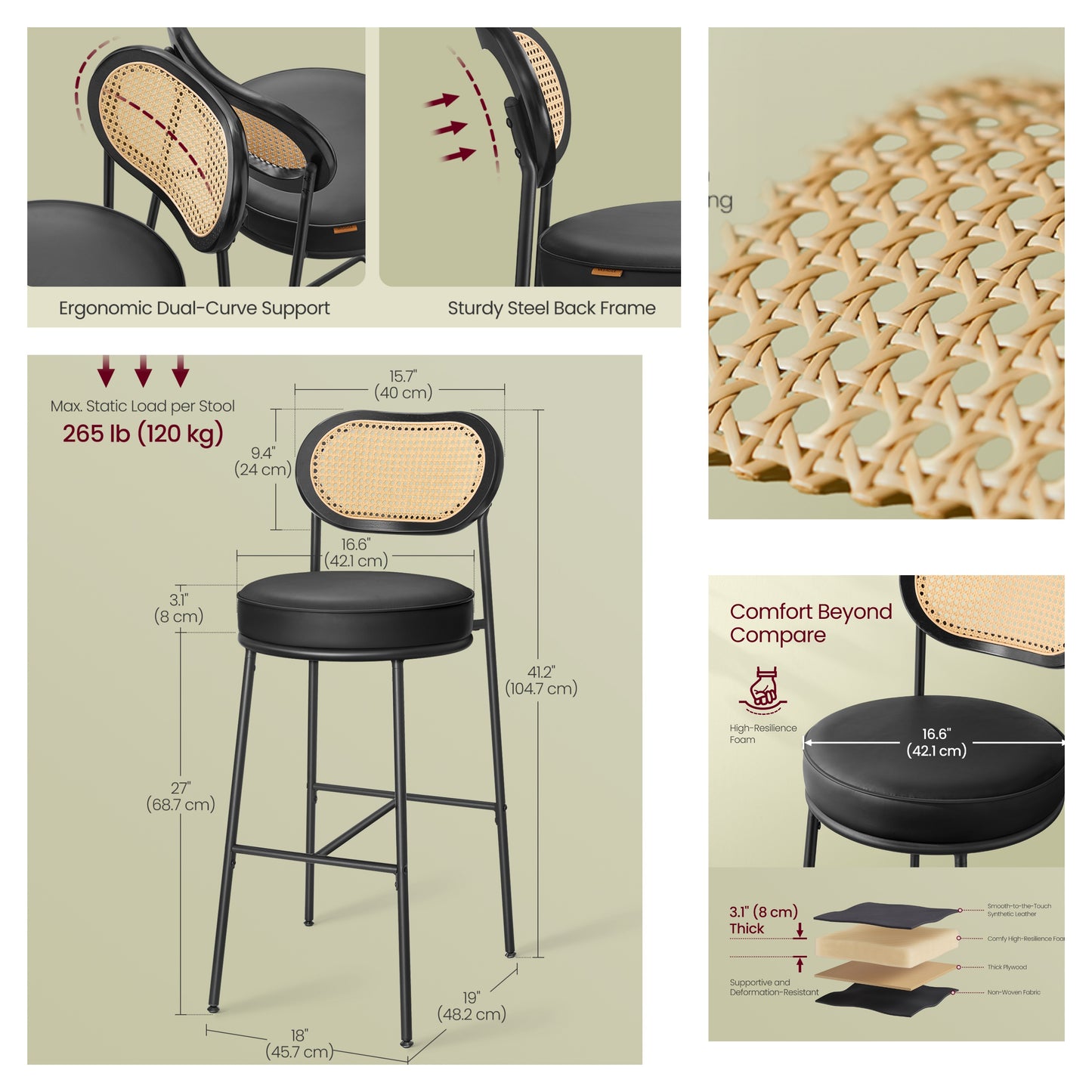 Set of 2 Modern Bar Stools with Rattan Back & Metal Legs, 30.1-Inch Tall Leather Upholstered Counter Stools for Kitchen Island, Brown