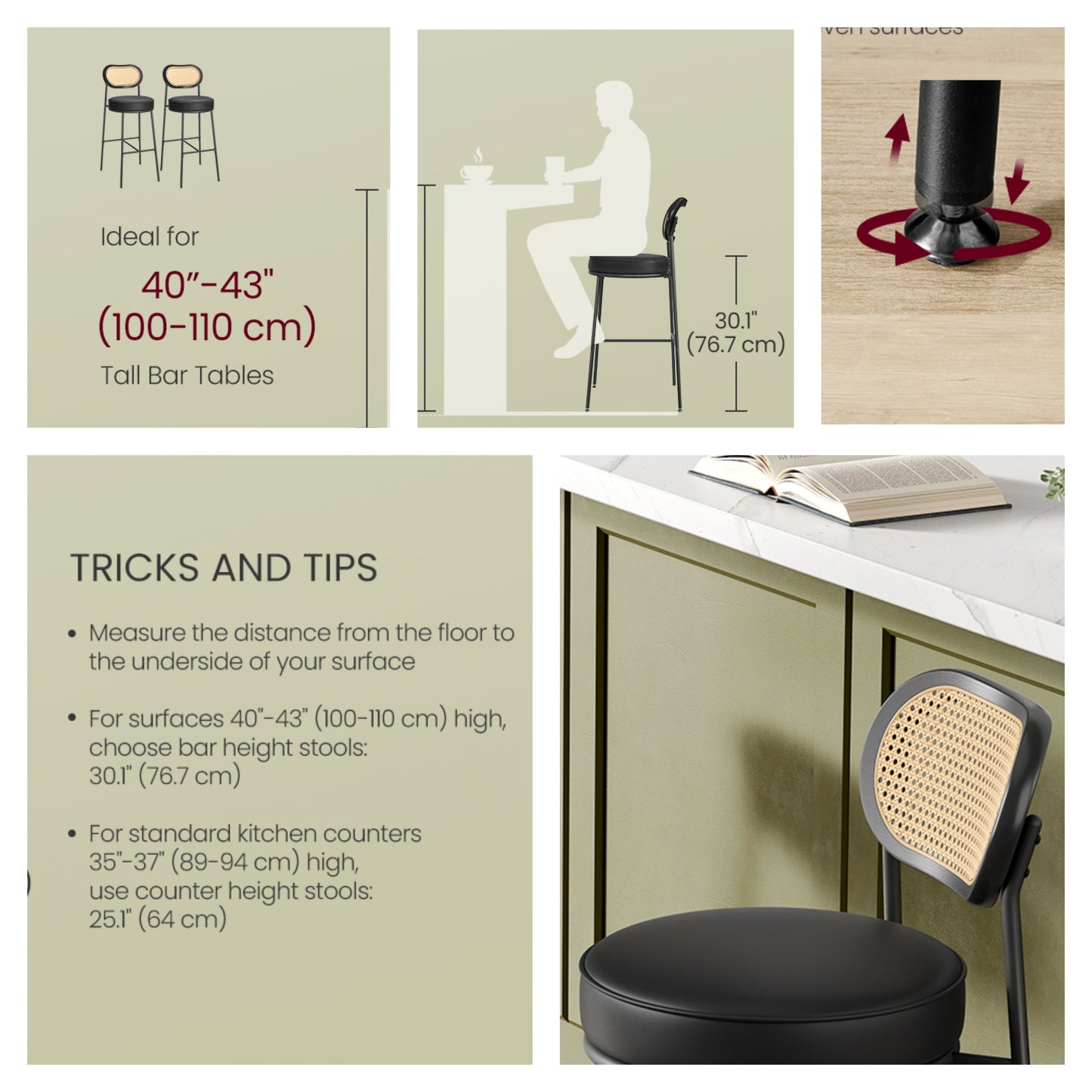 Set of 2 Modern Bar Stools with Rattan Back & Metal Legs, 30.1-Inch Tall Leather Upholstered Counter Stools for Kitchen Island, Brown