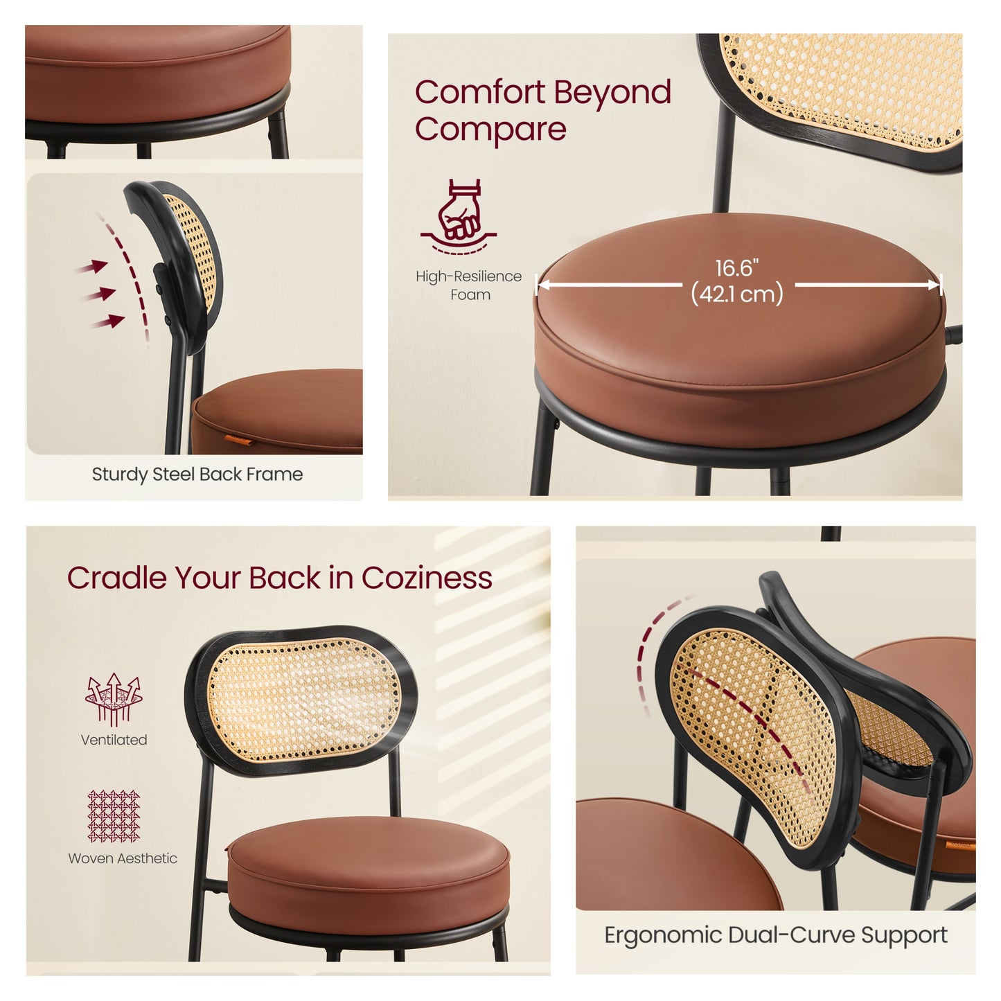 Modern Bar Stools Set of 2 with Rattan Back & Metal Base, 30.1 Inch Tall Leather Upholstered Counter Stools, Brown