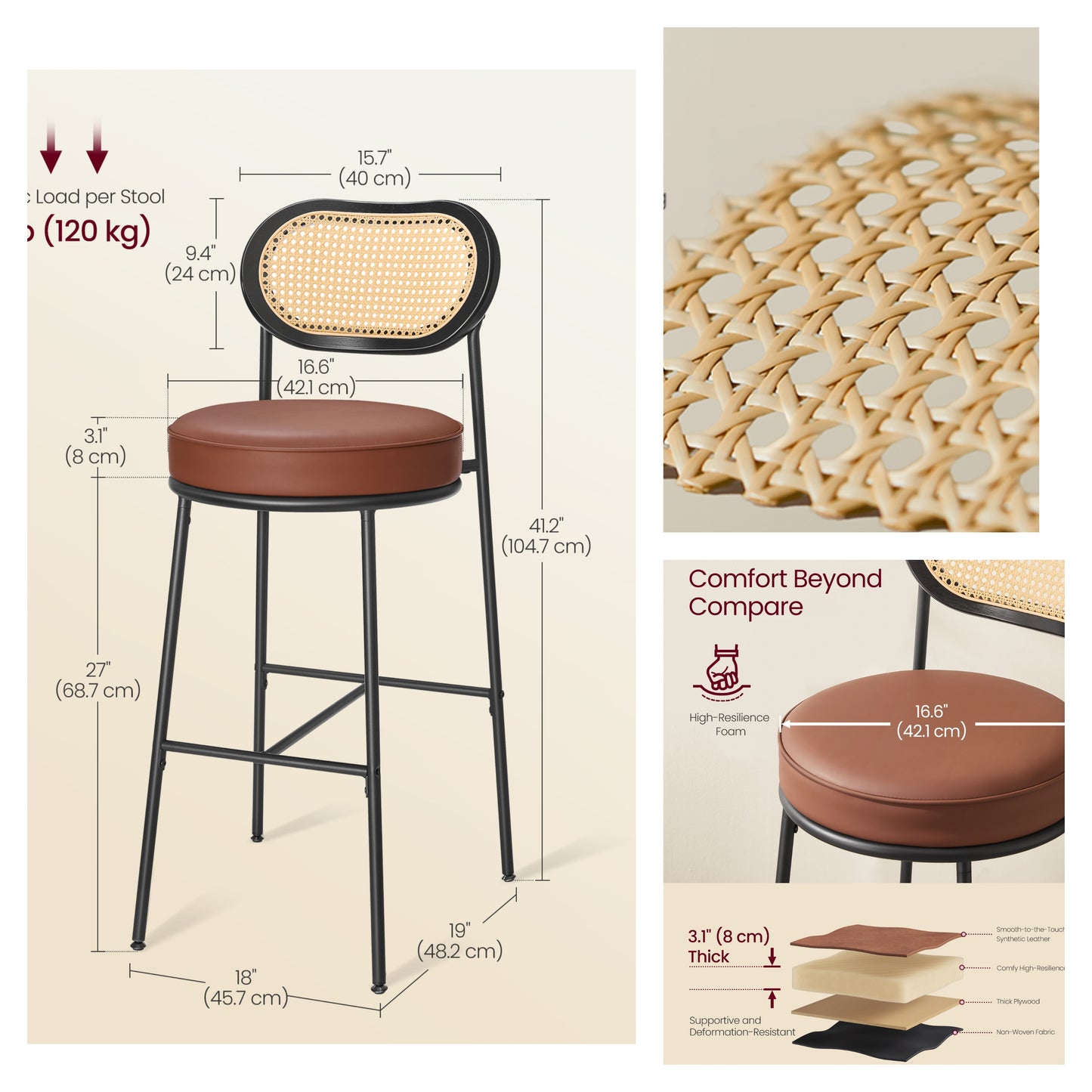Modern Bar Stools Set of 2 with Rattan Back & Metal Base, 30.1 Inch Tall Leather Upholstered Counter Stools, Brown