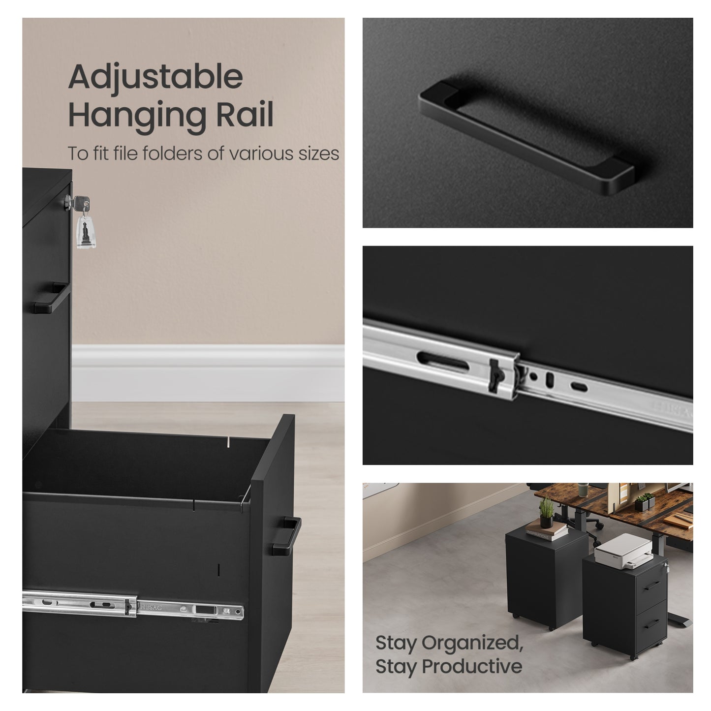 Pre-Assembled File Cabinet with Lock, 2-Drawer Mobile Storage for A4, Legal, Letter Files, Steel Frame, Smooth Slides, Matte Black