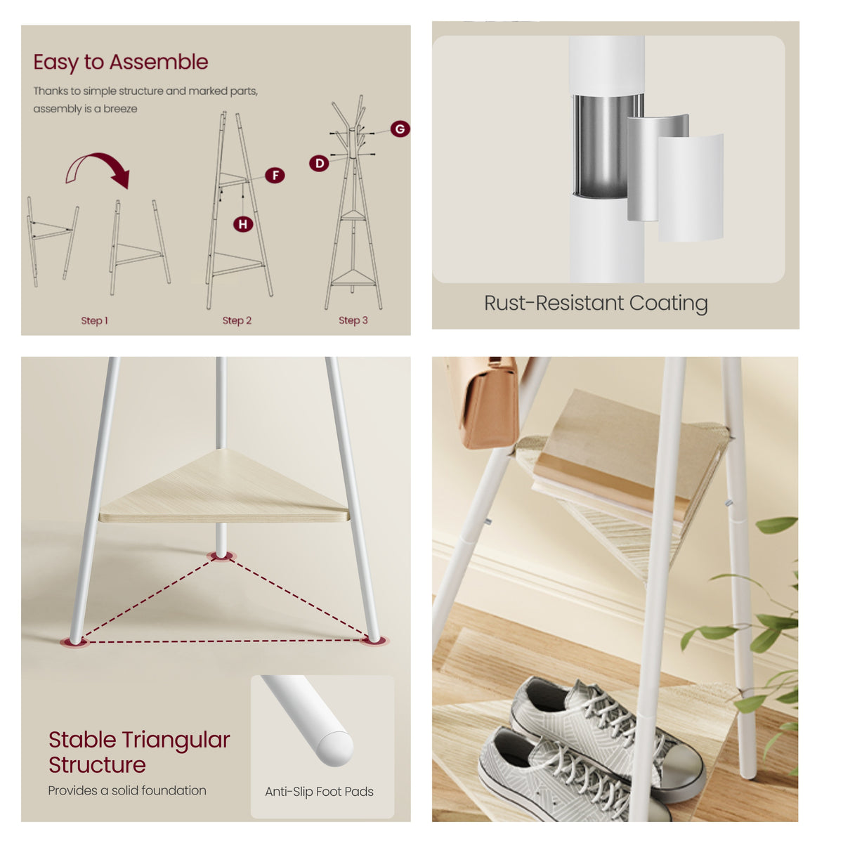 LEDREM Coat Rack, Coat Stand with 2 Shelves, Hall Tree Free Standing with Hooks, Steel, MDF Frame, for Entryway, Living Room, Beige and White