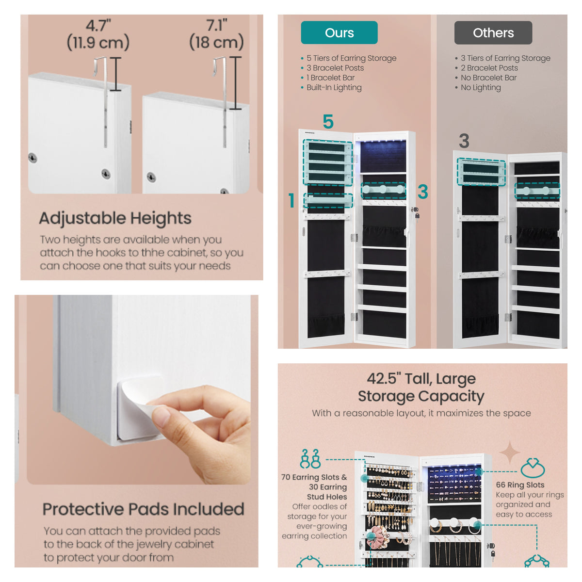 LEDREM Jewelry Cabinet with Full Length Mirror, 6 LEDs, Wall/Door Mounted, 12.4 x 3.6 x 42.5 Inches, Ink Black and White