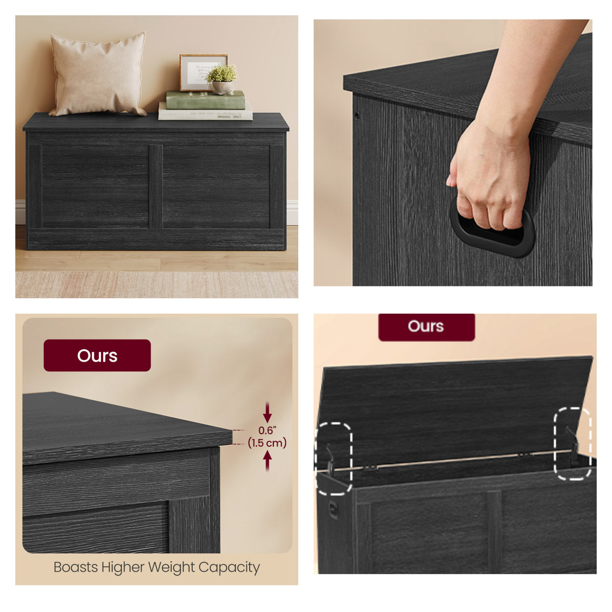 LEDREM Storage Trunk, Storage Chest with 2 Safety Hinges, Shoe Storage Bench, Traditional basic Style, for Entryway, Bedroom, Black