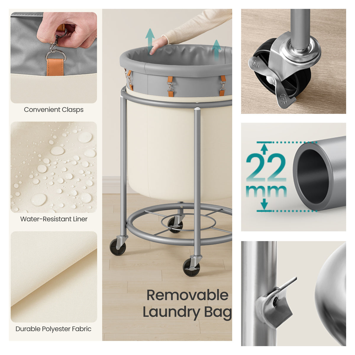 LEDREM Rolling Laundry Basket with Wheels, Laundry Hamper, 4 Casters and 2 Brakes, Gray and White