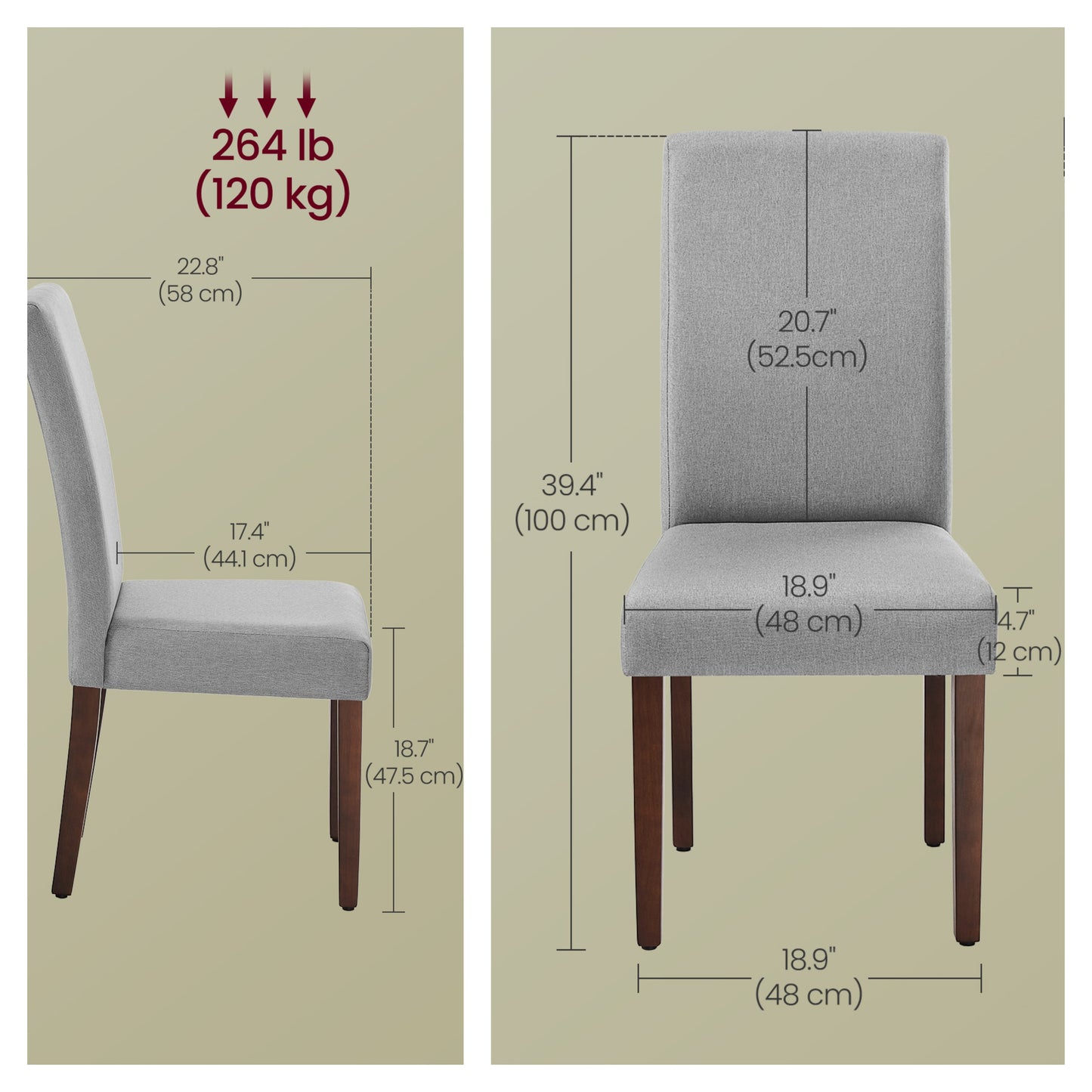 Set of 2 Parsons Dining Chairs, Thick Cushioned Seats with Removable Washable Covers, High Back Rubberwood Frame, Dove Gray
