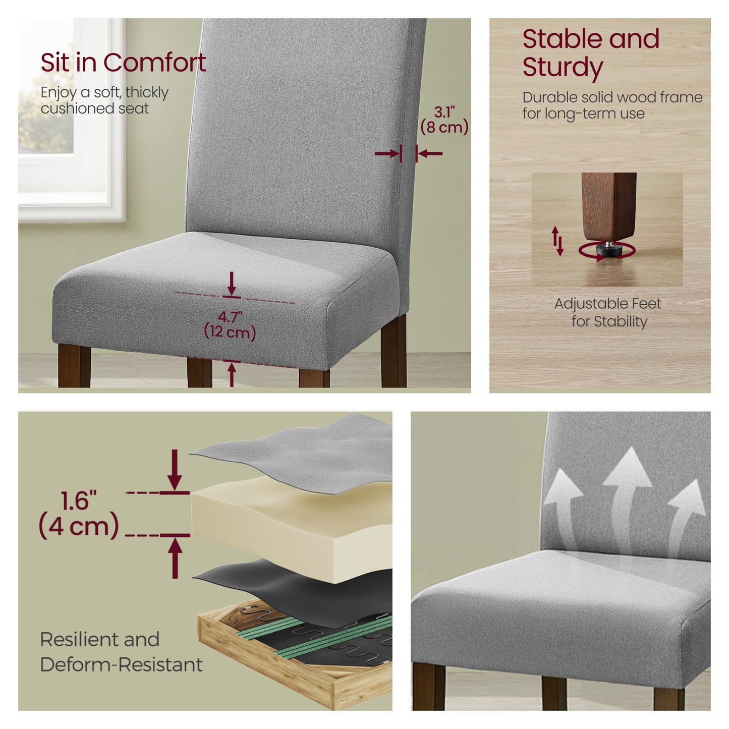 Set of 2 Parsons Dining Chairs, Thick Cushioned Seats with Removable Washable Covers, High Back Rubberwood Frame, Dove Gray