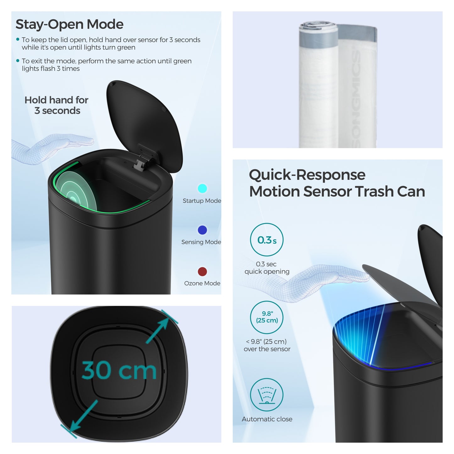 Motion Sensor Trash Can 13 Gallon, Automatic Kitchen Garbage Bin with Ozone Odor Control, Stay-Open Lid, Multi-Color Indicators, Stainless Steel,Black