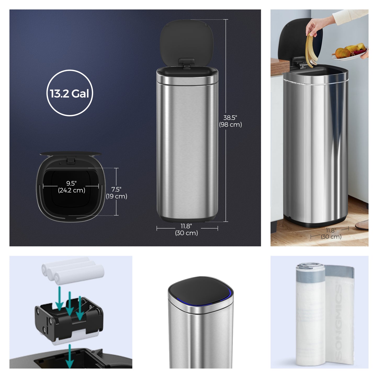 Motion Sensor Trash Can 13 Gallon, Automatic Kitchen Garbage Bin with Ozone Odor Control, Stay-Open Lid, Multi-Color Indicators, Stainless Steel,Silver