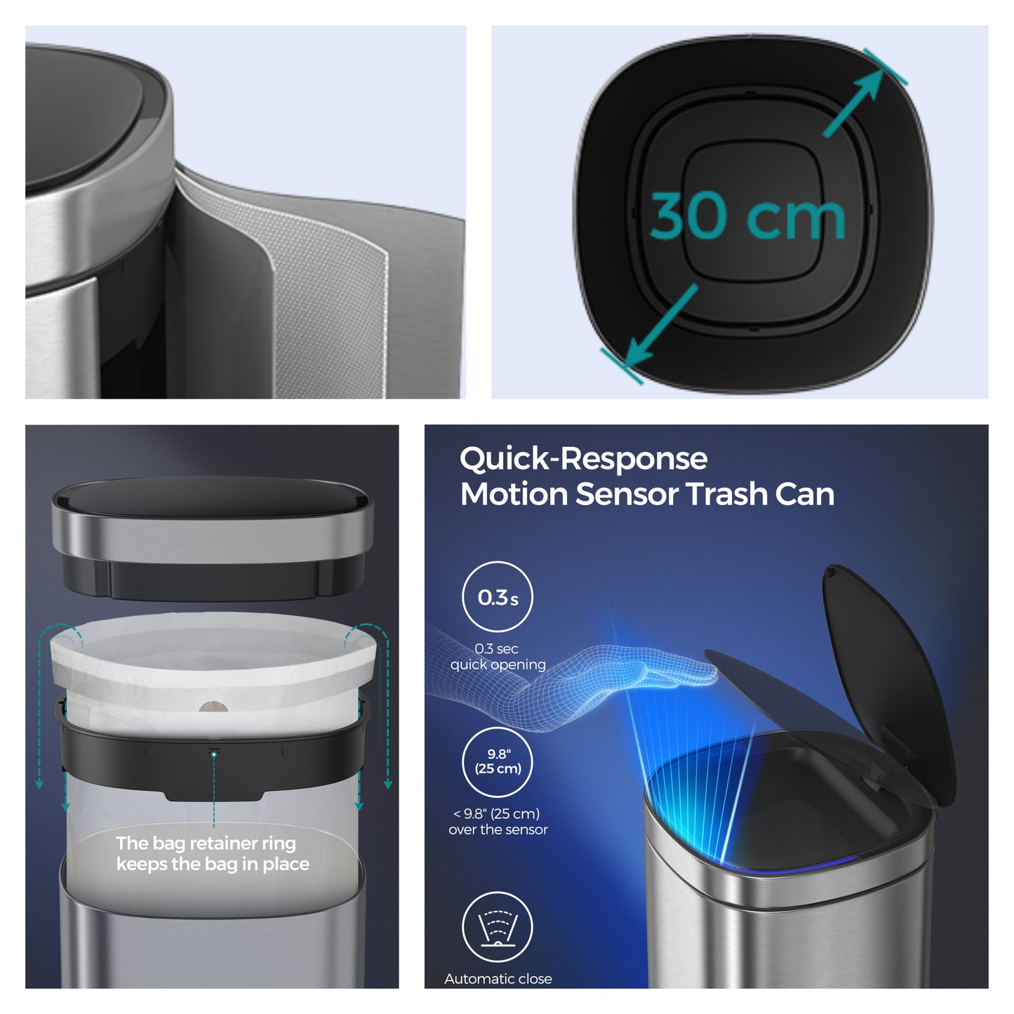 Motion Sensor Trash Can 13 Gallon, Automatic Kitchen Garbage Bin with Ozone Odor Control, Stay-Open Lid, Multi-Color Indicators, Stainless Steel,Silver