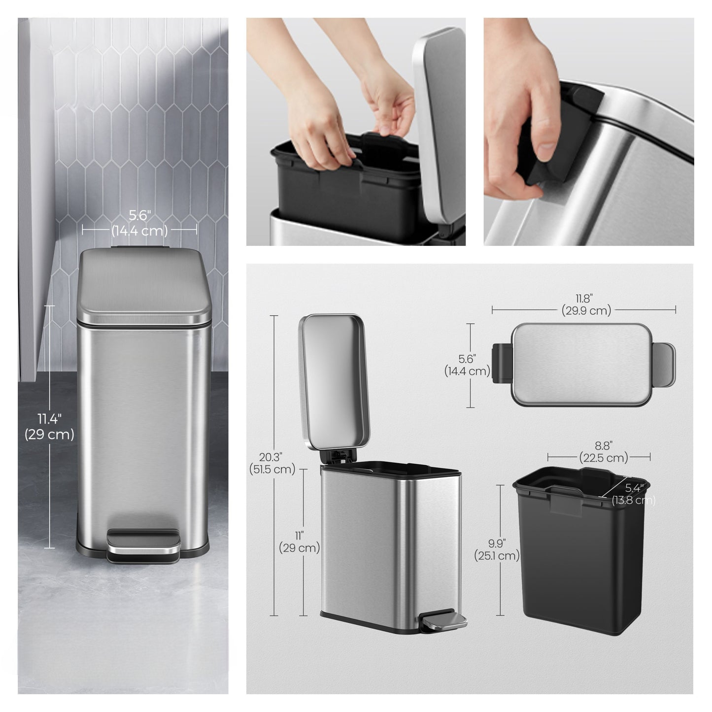Bathroom Trash Can & Toilet Brush Set, 1.3 Gallon Slim Lid Step Bin with Soft Close - Small Space, Brushed Stainless Steel,Silver