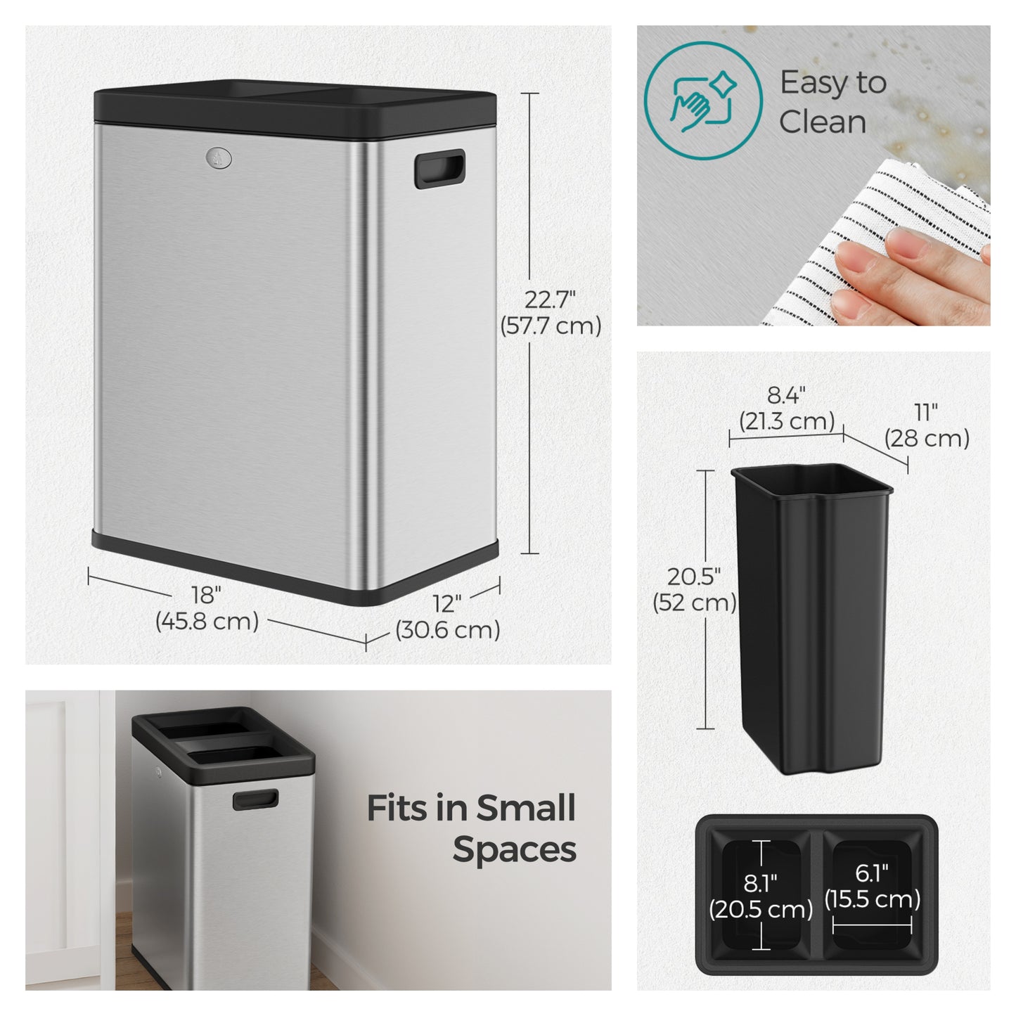 Dual Compartment Trash Can, 2 x 6.6-Gallon Open Top Recycling Bin, Stainless Steel Waste Separator for Office Restaurant Use,Silver
