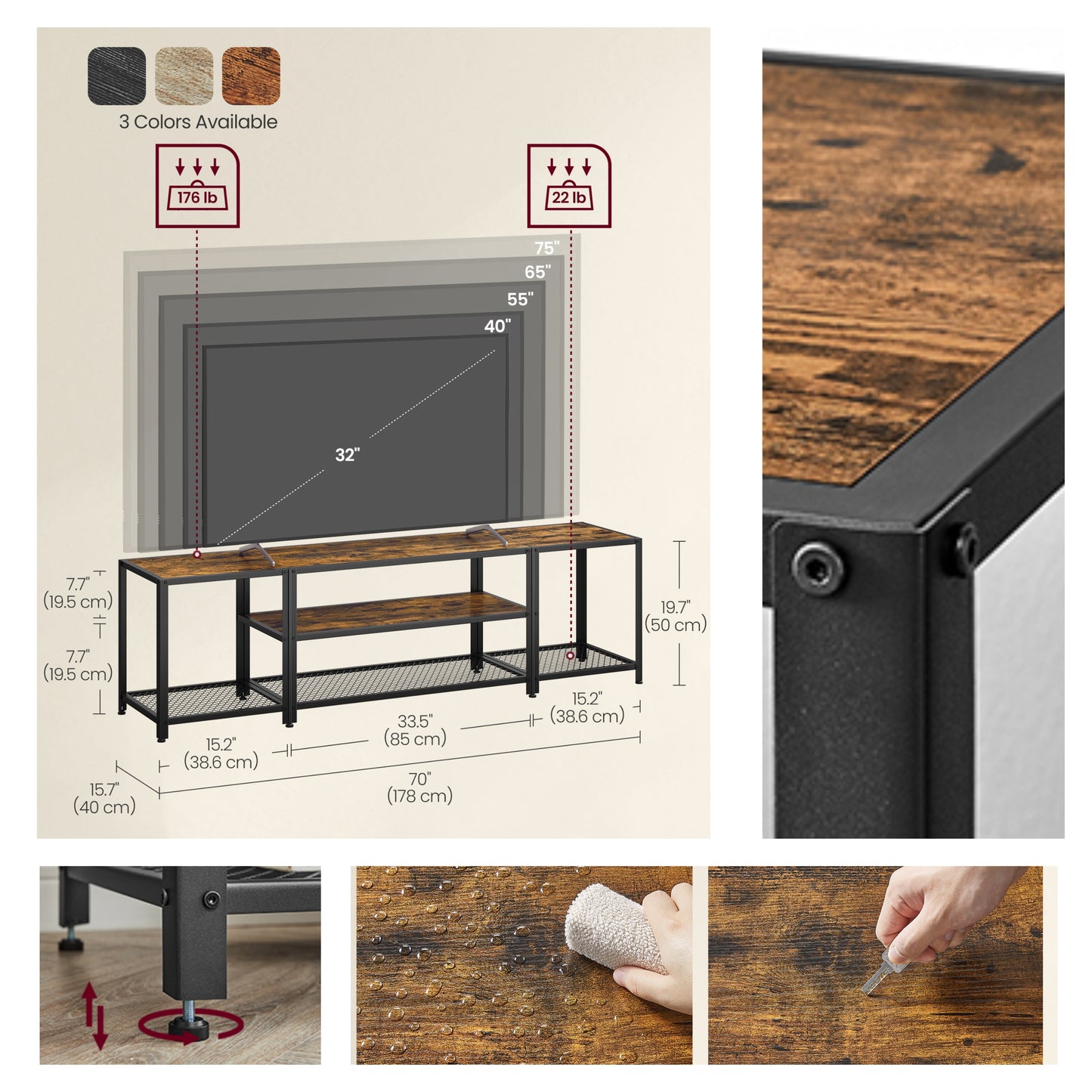 75" TV Stand - Industrial Entertainment Center with 3 Open Shelves, Media Console for Living Room, Rustic Brown and Black
