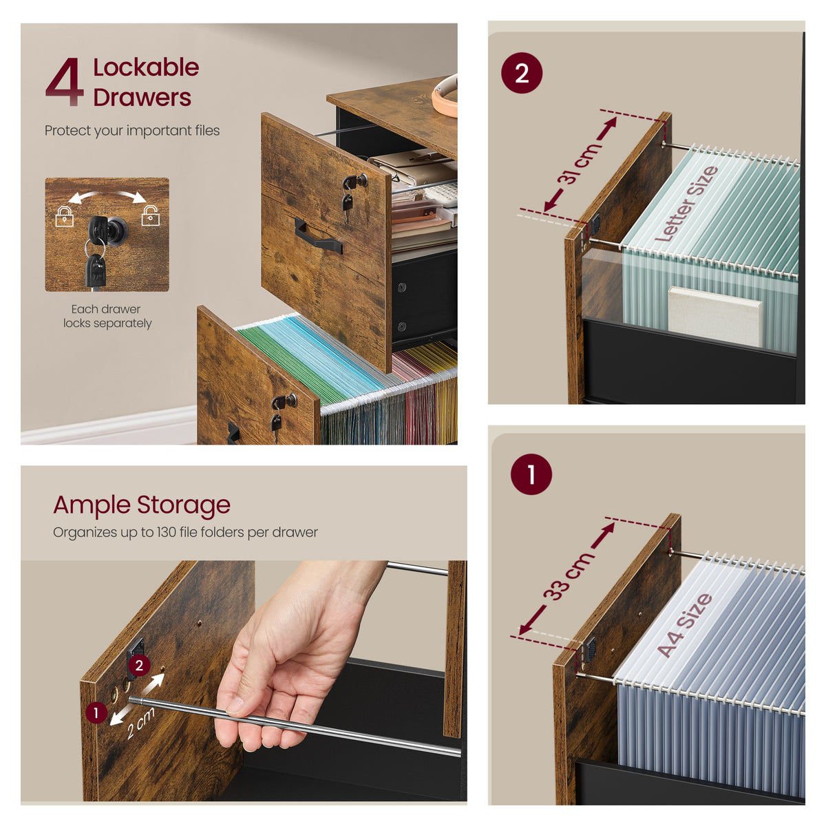 4-Drawer Vertical File Cabinet with Locking Drawers, Adjustable Hanging Rail for A4/Letter Files, Rustic Brown