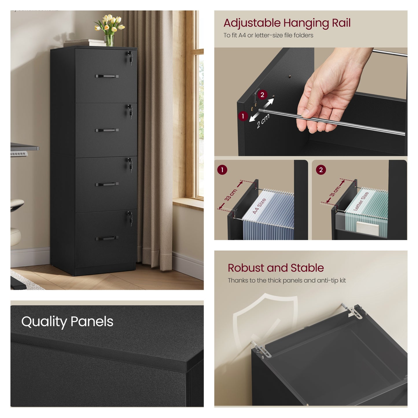 4-Drawer Vertical File Cabinet with Adjustable Hanging Rails, Lockable Filing Cabinet for A4/Letter Files, Ink Black