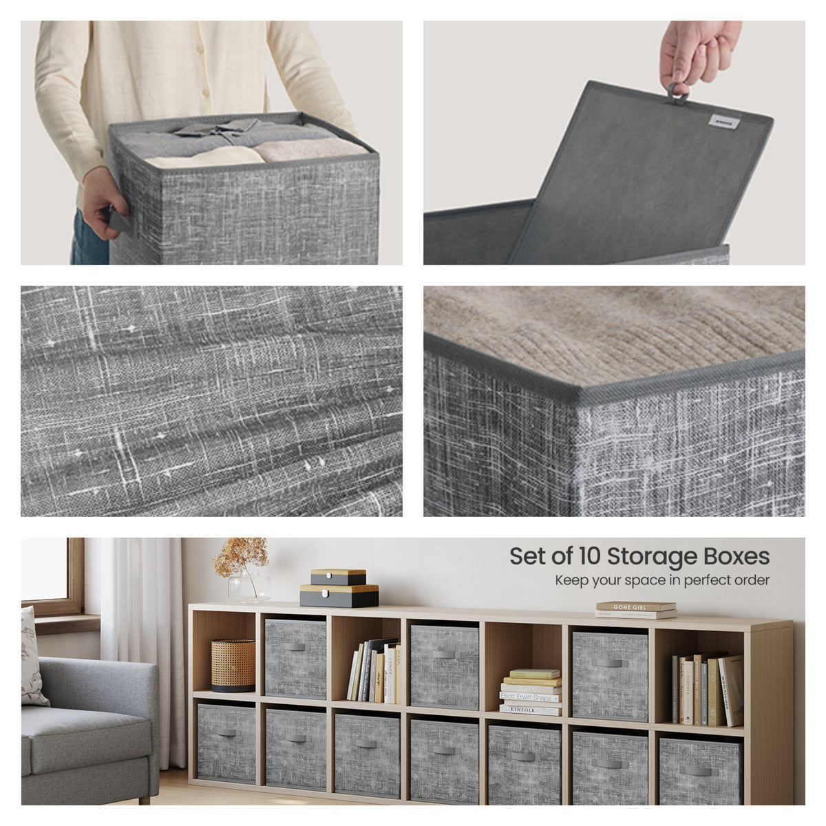 LEDREM Set of 10 Fabric Storage Bins, Collapsible Closet Shelf Organizer, 13 x 13 x 13 Inches, Gray