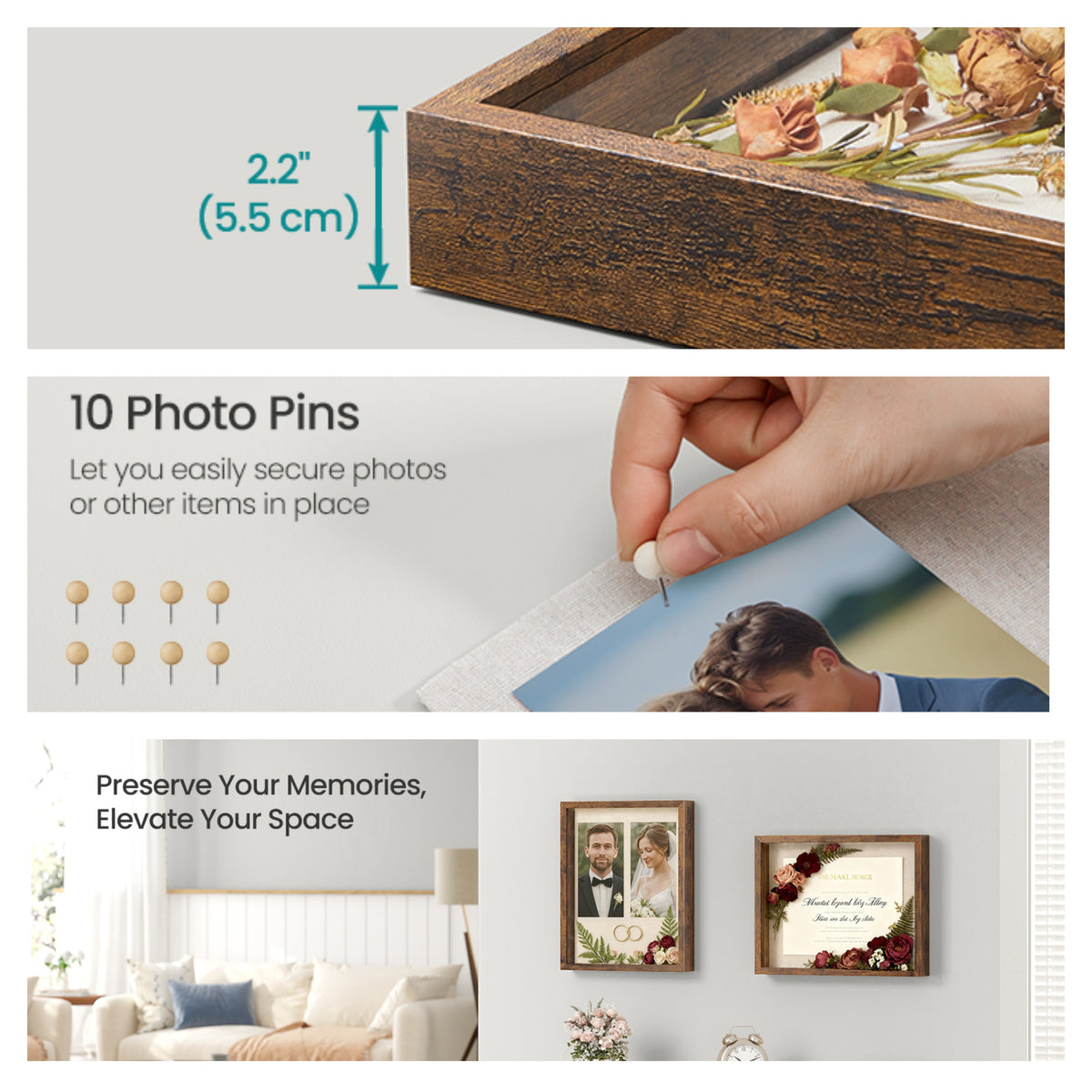 LEDREM Shadow Box Frame 1.5-Inch Deep Display Case with Top Slot and Glass Front 11 x 14 Inches Rustic Brown