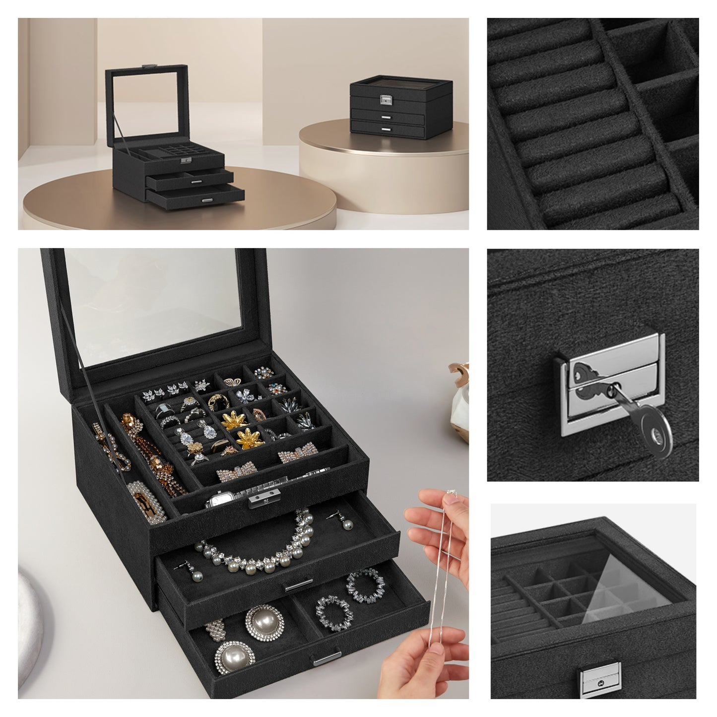 Lockable Jewelry Box with Glass Window, Jewelry Organizer Case for Rings, Earrings, Necklaces, 8 Slots & 2 Drawers, Velvet Lined, Black