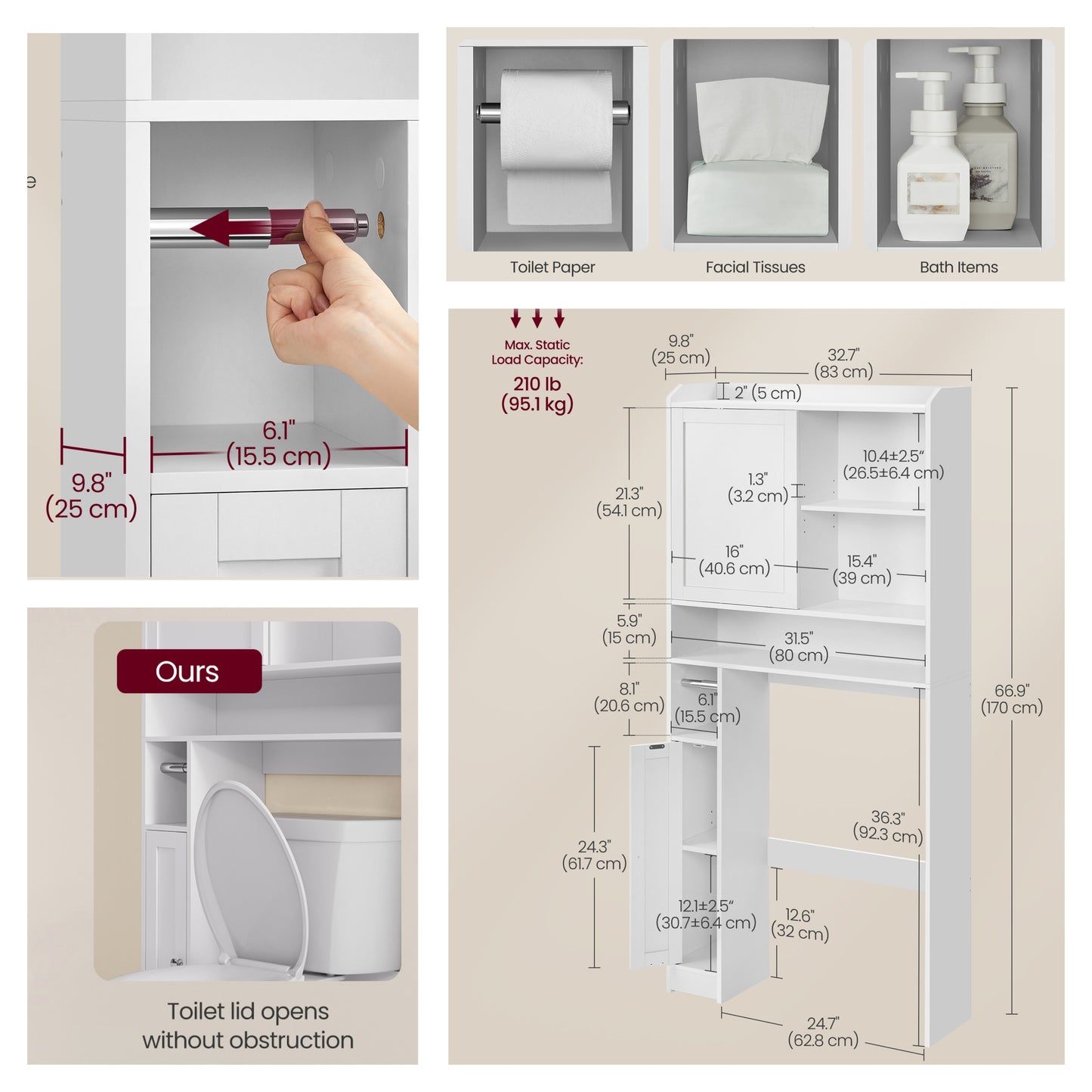 Over-The-Toilet Storage Cabinet with Sliding Door & Adjustable Shelves, Space-Saving Bathroom Organizer with Toilet Paper Holder, Cloud White