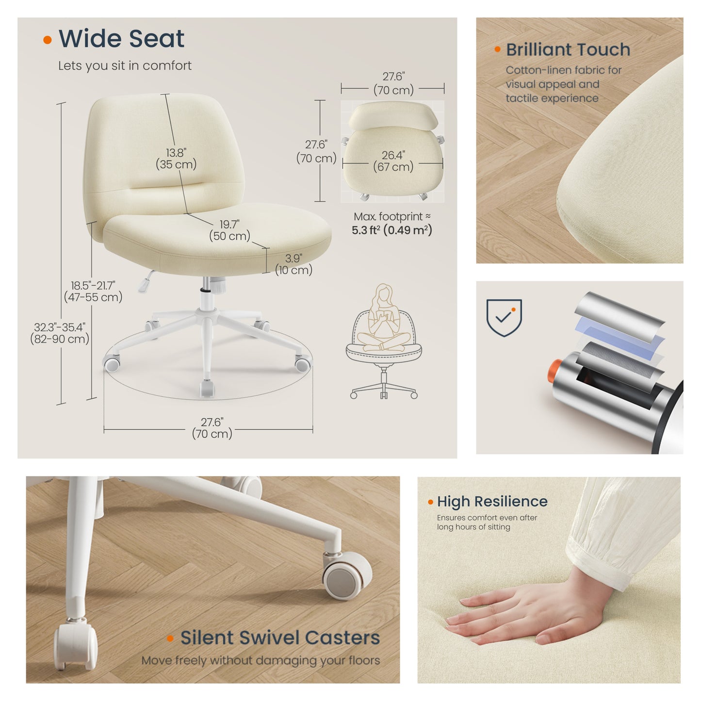 Swivel Office Chair with Wheels, Armless Cross Legged Design, Adjustable Height & Tilt, Wide Seat for Home Office Desk, Cream White