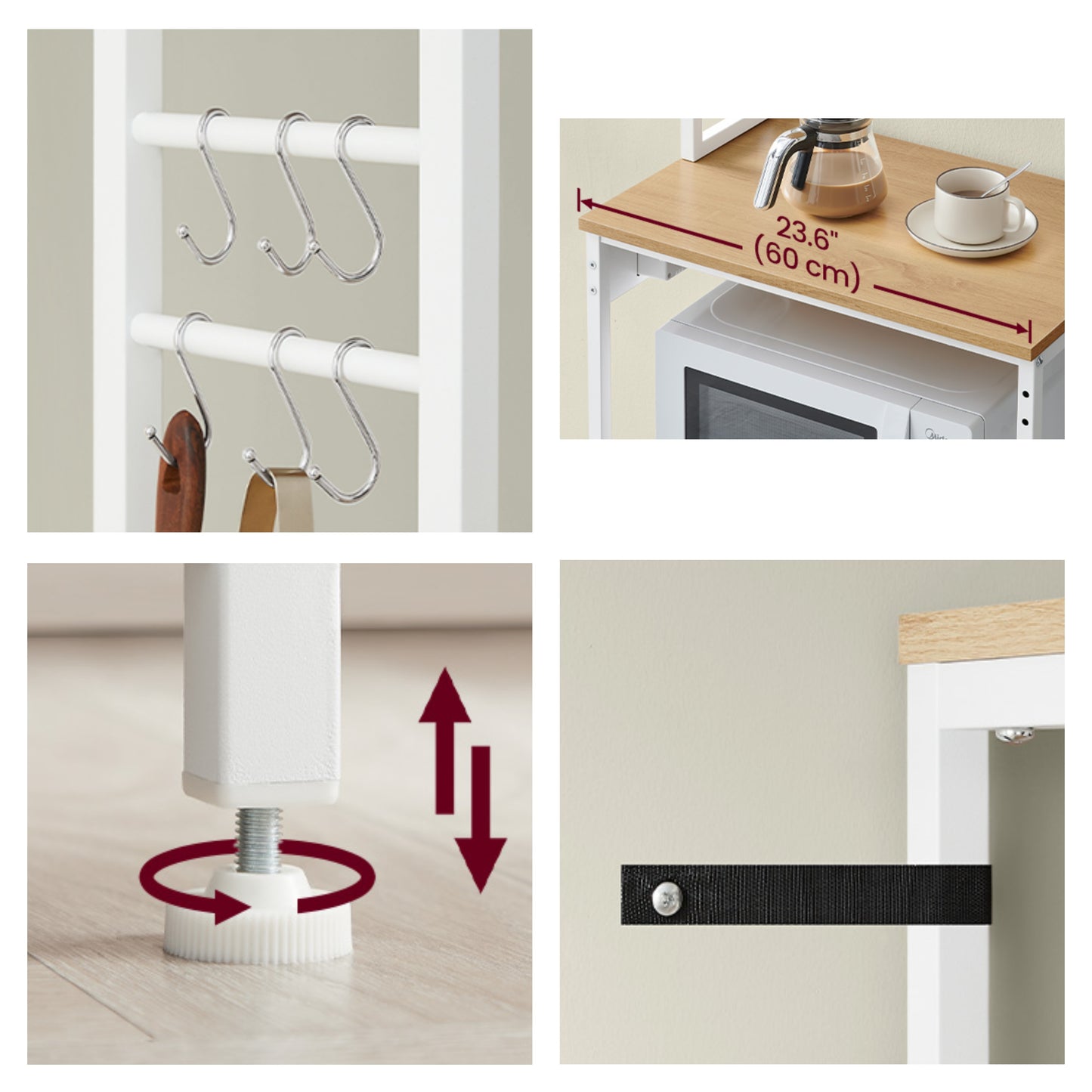 Bakers Rack with Power Outlet, 6-Tier Coffee Bar Storage Shelf, 23.6" Microwave Stand with 6 Hooks, Golden Oak and Cloud White