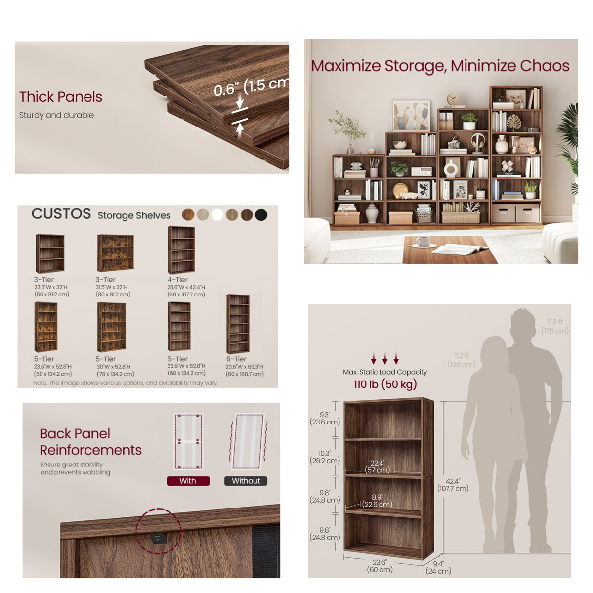 4-Tier Bookshelf, Open Storage Bookcase with Adjustable Shelves, 23.6" Wide, for Living Room Home Office, Natural Walnut