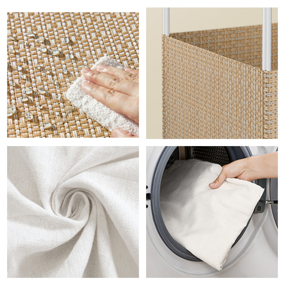 4-Section Rolling Laundry Hamper with Lid, 47.6 Gal Rattan-Style Basket on Wheels, Removable Washable Liner, Natural Beige and Matte White
