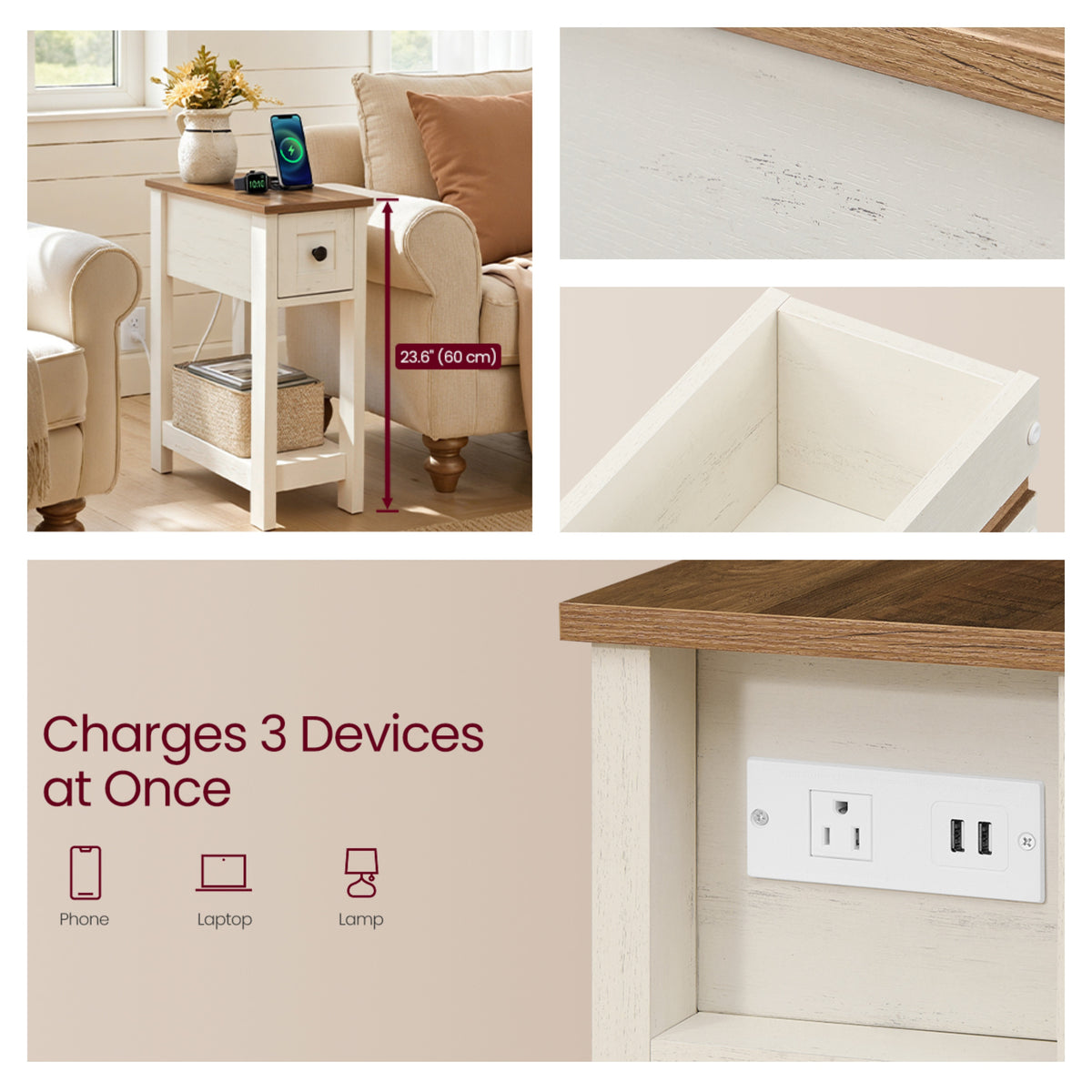 Farmhouse End Table with Charging Station, Narrow Side Table with Drawer, Nightstand, 18.9" x 9.5" x 23.6", Honey Brown and Rustic White