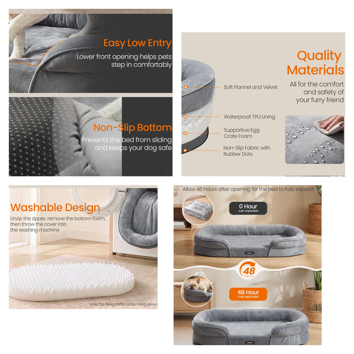 LEDREM Orthopedic Dog Sofa Bed with Egg Crate Foam and Washable Flannelette Fabric Cover, 40.9 x 27.2 x 7.1 inches, Gray