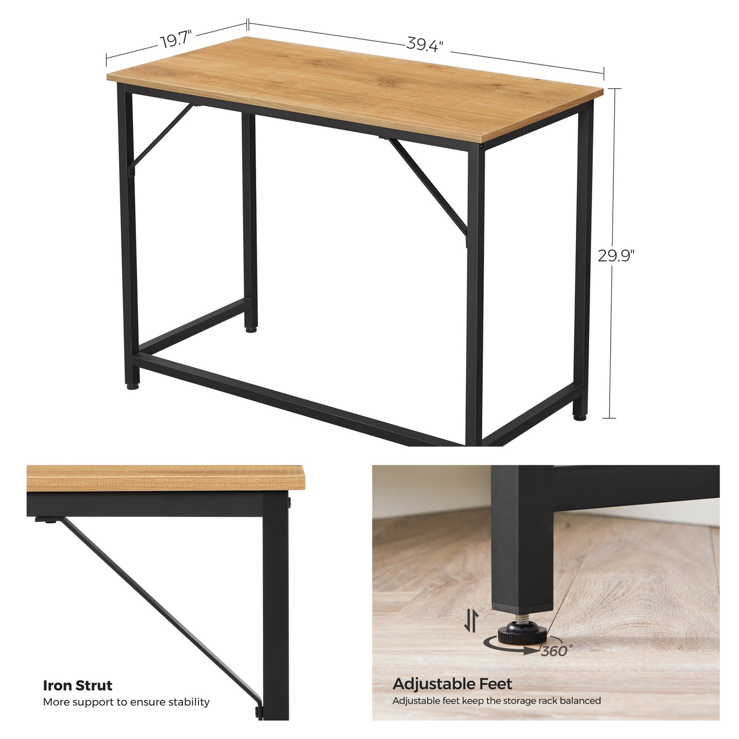 39.4" Computer Desk with Metal Frame, Small Space Gaming & Office Desk, 110 lb Capacity, Industrial Style, Honey Brown and Black