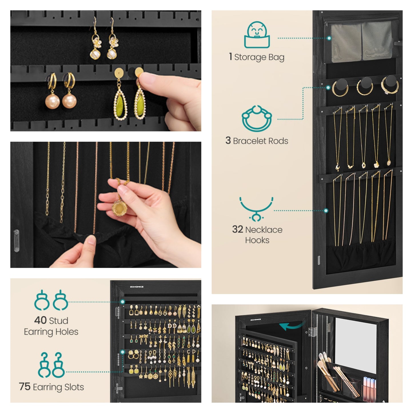 55.1-Inch Tall Spacious Jewelry Cabinet, Jewelry Armoire with Light-Up Interior Mirror, Wall or Door Mounted Jewelry Storage Organizer, Lockable, Gift, Black