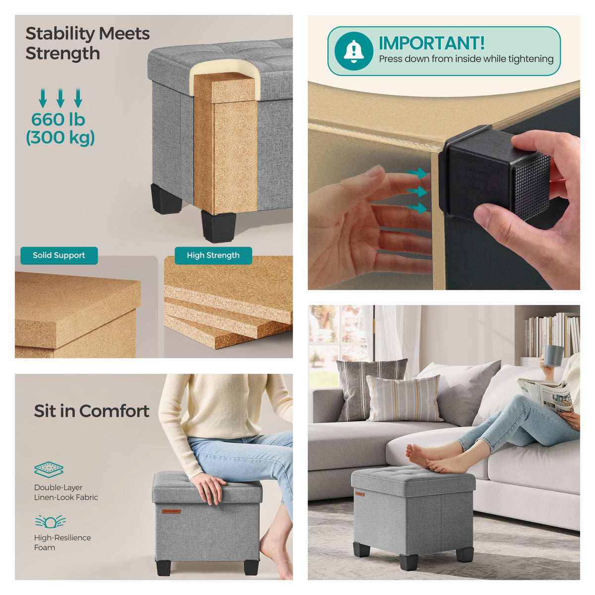 LEDREM Collapsible Storage Ottoman, Upholstered Foot Stool with Cushion, 15.7 x 12.6 x 13.2 Inches, Gray and Black