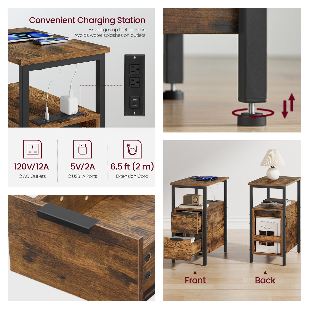 Narrow Side End Table with Charging Station and 2 Drawers, 18.9 x 11.8 x 24 Inches, Rustic Brown