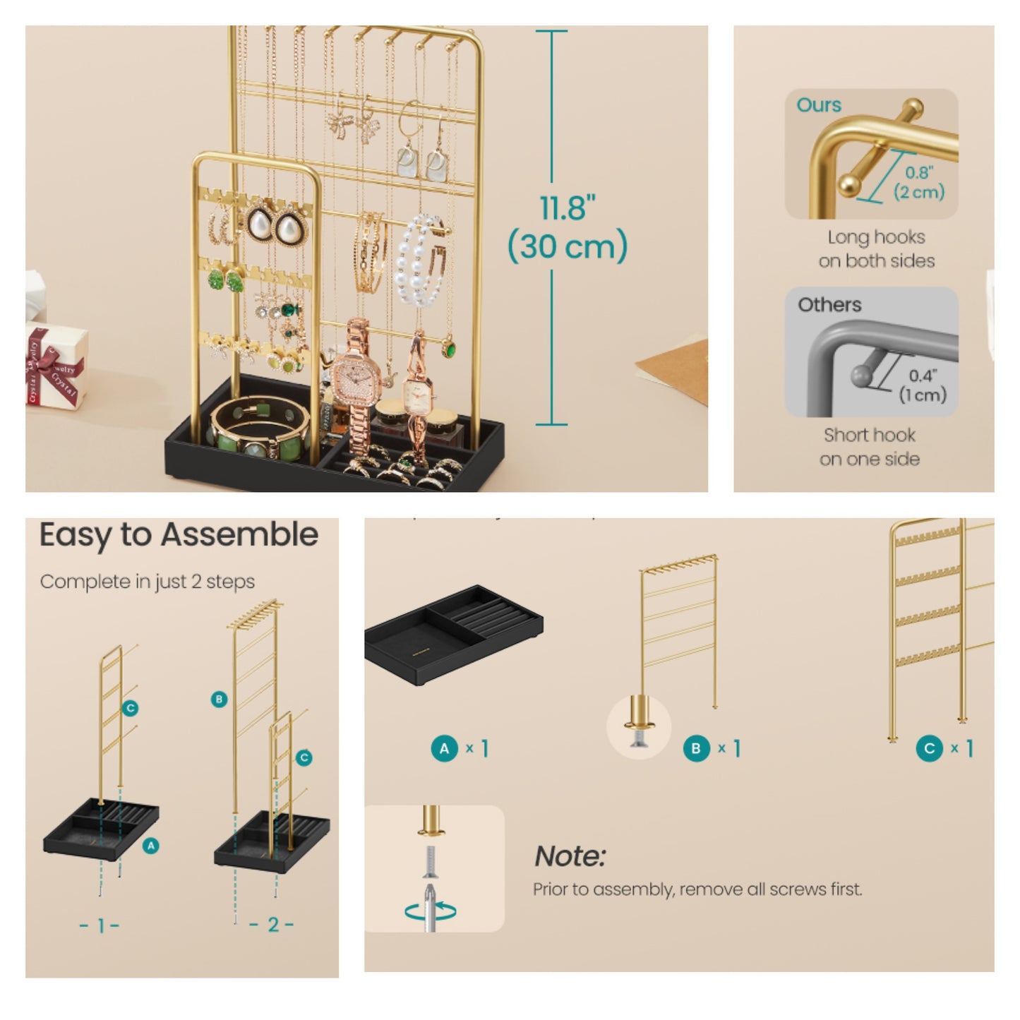Jewelry Holder, Jewelry Organizer, Jewelry Display Stand with Steel Frame, Flocking Fabric Tray, Necklace Earring Bracelet Holder, for Studs, Rings, Gift, Gold and Black