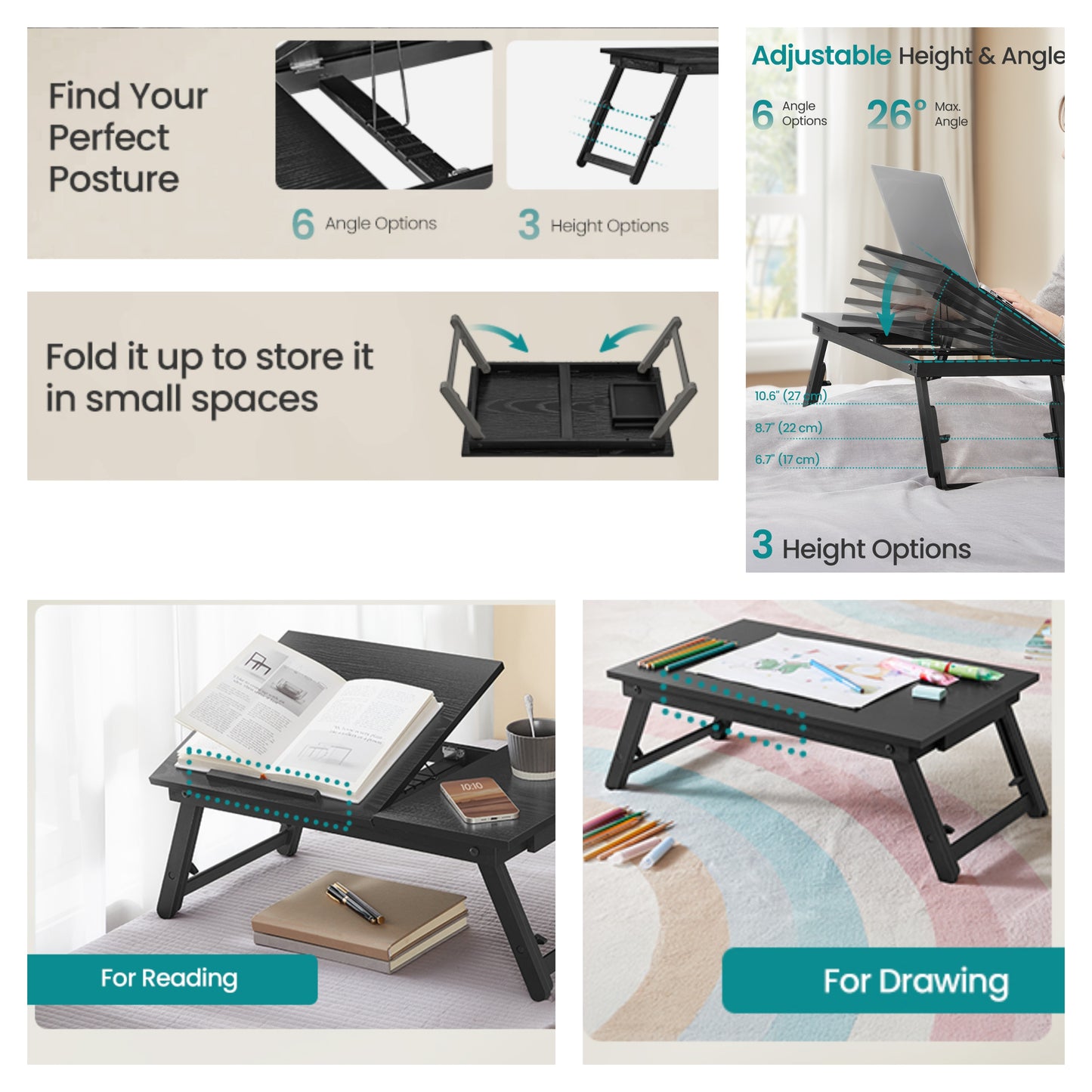 Laptop Desk, Foldable Bed Tray Table with Adjustable Tilting Top, 21.7 x 13.8 x 9.1-12.6 Inches, Black
